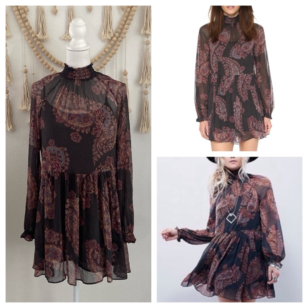 Free People sheer mini dress long sleeve chiffon paisley country prairie small